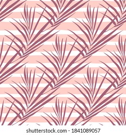 Patrón ininterrumpido de color púrpura con ornamento de hojas de helecho. Sillas tropicales de flores de jungla sobre fondo rayado con líneas blancas y rosas. Para el diseño de tela, impresión textil. Ilustración del vector