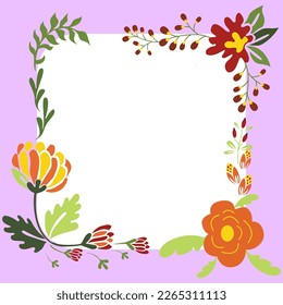 Purple Colored Square Shape Text Frame Surrounded With Assorted Flowers Hearts And Leaves. Framework For Writing Ringed With Different Daisies, Hearts And Tree Leaves.