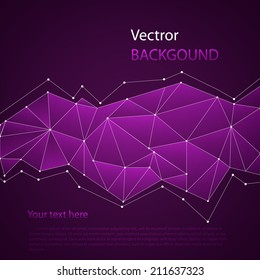 Purple colored triangles with connective dots on angles, vector abstract background for your modern and future design.