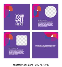 Plantilla de medios sociales vectorial morado con ornamento de formas geométricas. Cuatro páginas estilo carrusel y microblog post.