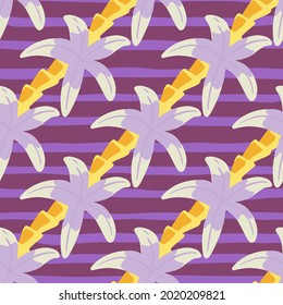 Purple colors palm tree elements seamless doodle pattern. Striped background. Hand drawn nature tropic backdrop. Designed for fabric design, textile print, wrapping, cover. Vector illustration.