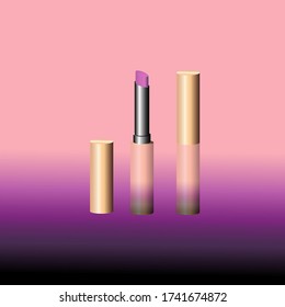 Purple colour lipsticks in light golden and purple multicolour packaging opened and closed with gold colour cap isolated on multicolour background