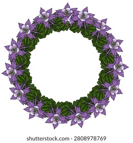 Purple columbine flower wreath vector illustration with green leaves