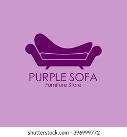 Purple comfy sofa business sign vector template for furniture store, home decor boutique design template. vector illustration