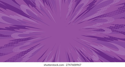 Purple comic book background. Anime design with purple radial halftone explosion. Dynamic pop art superhero action backdrop