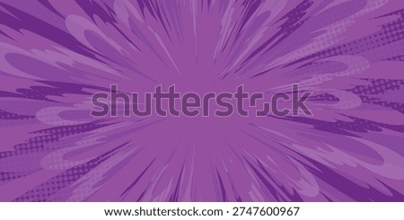 Purple comic book background. Anime design with purple radial halftone explosion. Dynamic pop art superhero action backdrop