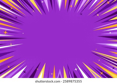 Purple comic book cartoon background. Modern creative pop art purple background with halftone and stars. Pop art speed zoom backdrop in purple, white and yellow tones