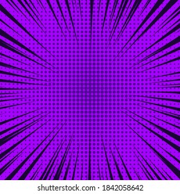 Purple comic book page background in pop art style with empty space. Template with rays, dots and halftone effect texture. Vector illustration