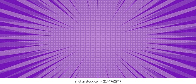 Purple Comic Book Page Background In Pop Art Style With Empty Space. Template With Rays, Dots And Halftone Effect Texture. Vector Illustration