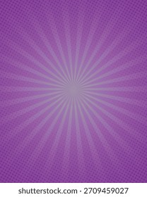 Fondo púrpura de la página del cómic en estilo del arte pop con efecto del semitono y del sunburst.