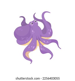 Purple comic octopus illustration. Underwater animal cartoon character with tentacles, sea or ocean creature isolated on white background. Wildlife, nature concept