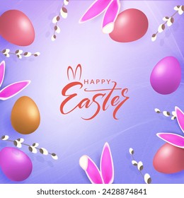 Purple composition with Easter eggs, willow branches and rabbit ears.
