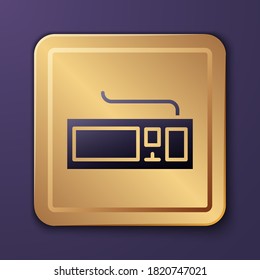 Purple Computer keyboard icon isolated on purple background. PC component sign. Gold square button. Vector Illustration