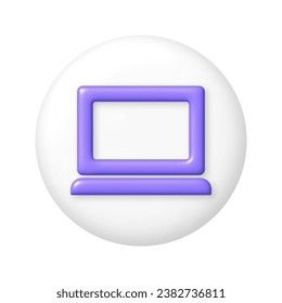 Icono de ordenador portátil púrpura sobre botón redondo blanco. 3d elemento de diseño de dibujos animados. Ilustración vectorial.