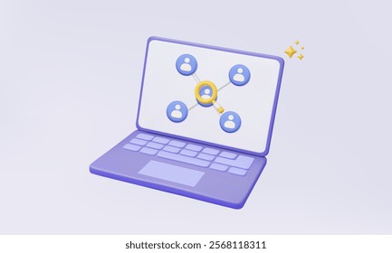 Purple computer laptop with yellow magnifier employment online human resources partnership select people performance best excellent concept interview people profile 3D vector illustration