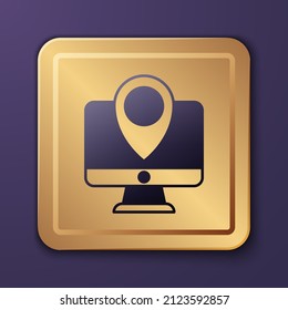 Purple Computer monitor and folded map with location marker icon isolated on purple background. Gold square button. Vector