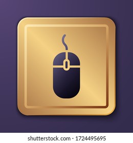 Purple Computer mouse icon isolated on purple background. Optical with wheel symbol. Gold square button. Vector Illustration