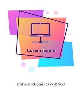 Purple Computer network icon isolated on white background. Laptop network. Internet connection. Color rectangle button. Vector Illustration