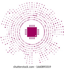Purple Computer processor with microcircuits CPU icon isolated on white background. Chip or cpu with circuit board sign. Micro processor. Abstract circle random dots. Vector Illustration
