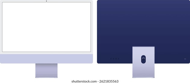 Purple computer vector illustration showing front and back views. Transparent screen
