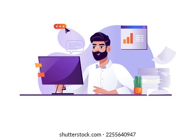 Concepto púrpura El flujo de trabajo con la escena de la gente en el diseño de caricaturas planas. Trabajador de oficina trabaja con un montón de papeles importantes. Ilustración vectorial.