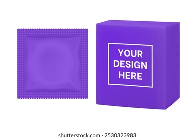 Lila Kondom Verpackung Mockup. Verhütungsmethode, sichere Liebe. Folienbeutel und -kasten