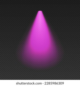 Purple cone light from top with darkened edges. Volumetric spotlight effect on dark background. Empty limelight in studio or concert scene. 3d rendering.