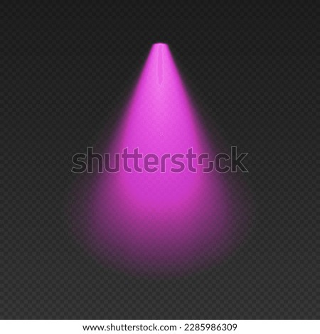 Purple cone light from top with darkened edges. Volumetric spotlight effect on dark background. Empty limelight in studio or concert scene. 3d rendering.