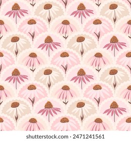 Purple coneflowers seamless pattern. Floral endless background. Purple echinacea flower scalloped pattern. Happy summer mood. Vector flat hand drawn illustration.