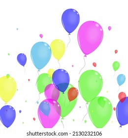 Vector blanco de fondo de confetti morado. Cartel de decoración de juguetes. Multicolor presente. Globo azul. Sorpresa Marco Arcoiris.