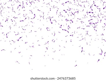 Purple confetti, falling paper ribbons isolated on white background. Birthday party decoration. Vector illustration.