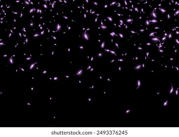 Purple confetti, falling paper ribbons isolated on dark background. Birthday party decoration. Vector illustration