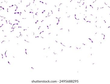 Purple confetti, falling paper ribbons isolated on white background. Birthday party decoration. Vector illustration.