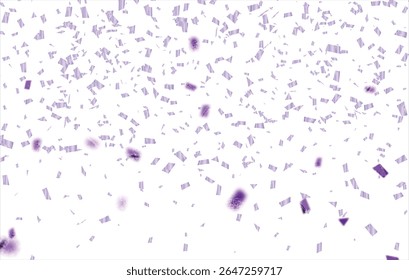 Purple confetti, falling paper ribbons isolated on white background. Birthday party decoration. Vector illustration, Realistic bright serpentine. Flying holiday tinsel. Anniversary decorative elements