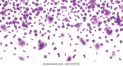 Purple confetti, falling paper ribbons isolated on white background. Birthday party decoration. Vector illustration, Realistic bright serpentine. Flying holiday tinsel. Anniversary decorative elements