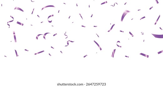 Purple confetti, falling paper ribbons isolated on white background. Birthday party decoration. Vector illustration, Realistic bright serpentine. Flying holiday tinsel. Anniversary decorative elements