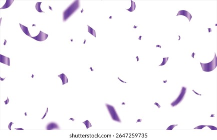Purple confetti, falling paper ribbons isolated on white background. Birthday party decoration. Vector illustration, Realistic bright serpentine. Flying holiday tinsel. Anniversary decorative elements