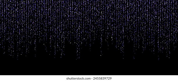 Guirnalda de confeti púrpura sobre fondo oscuro. Caída de brillo dorado y Fondo de pantalla brillante. Puntos brillantes violeta y azul que repiten el patrón. Decoración mágica para Navidades. telón de fondo de Vector