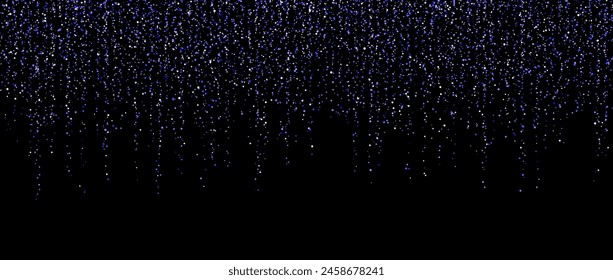Purple confetti garland on dark background. Falling glitter and sparkle wallpaper. Violet and blue shining dots repeating pattern. Magic dust sparkling decoration for Christmas. Vector backdrop