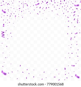 Purple confetti isolated on tansparent background. Ribbons and particles festive illustration. Vector birthday concept.