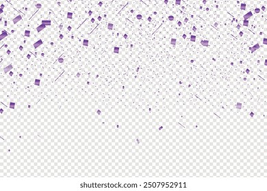Purple confetti isolated on transparent background. Falling serpentine. Realistic bright serpentine. Flying holiday tinsel. Anniversary decorative elements, Wide purple glitter confetti.