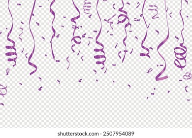 Purple confetti isolated on transparent background. Falling serpentine. Realistic bright serpentine. Flying festive tinsel. Vector, Vector holiday festive celebration with confetti variety of colours,