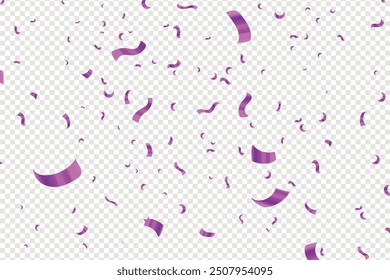 Purple confetti isolated on transparent background. Falling serpentine. Realistic bright serpentine. Flying festive tinsel. Vector, Vector holiday festive celebration with confetti variety of colours,