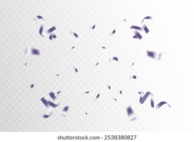 purple confetti and ribbon streamers falling on a transparent background.Details. blur. Vector