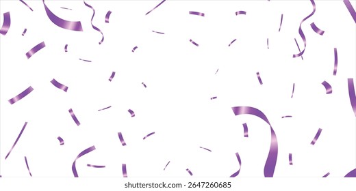 Purple confetti. Shiny ribbons falling on abstract background. Design template for party celebration and birthday banner background, confetti, falling serpentine. Realistic bright serpentine. 