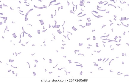 Purple confetti. Shiny ribbons falling on abstract background. Design template for party celebration and birthday banner background, confetti, falling serpentine. Realistic bright serpentine. 