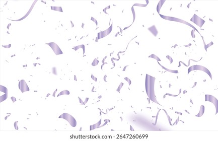 Purple confetti. Shiny ribbons falling on abstract background. Design template for party celebration and birthday banner background, confetti, falling serpentine. Realistic bright serpentine. 