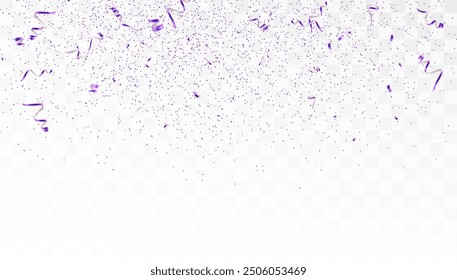 Purple confetti and streamers isolated on transparent background. Flying festive tinsel. Anniversary decorative design for cards, invitations and advertising.