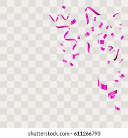 Purple confetti vector festive falling shiny isolated on transparent checkered background.Concept for holiday decorative tinsel element and copy space your design.