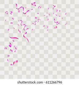 Purple confetti vector festive falling shiny isolated on transparent checkered background.Concept for holiday decorative tinsel element and copy space your design.